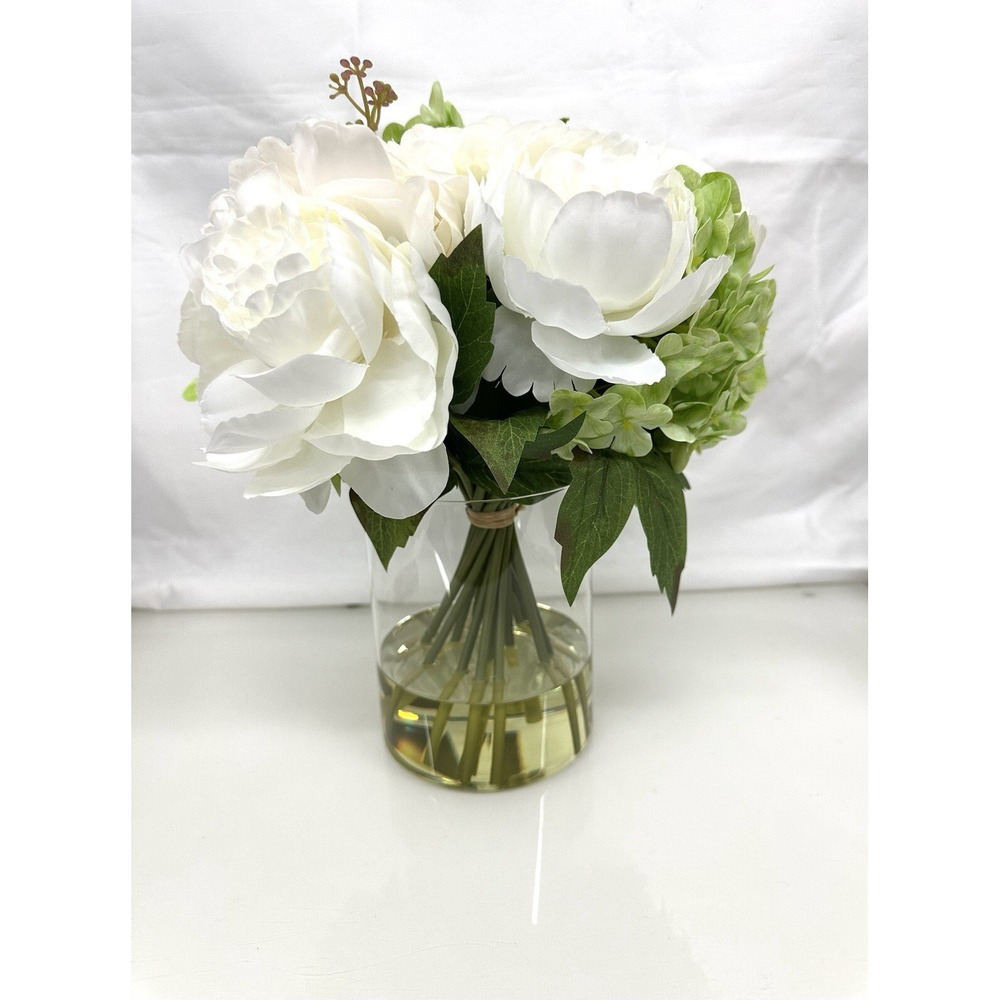 Artificial Peony Hydrangea and Tulip Glass Arrangement 13" New